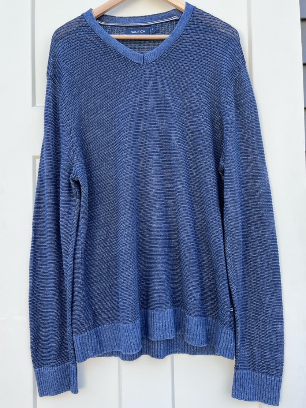 Nautica Linen and Cotton Men's Dark Navy V-Neck Knit Sweater sz XL Preppy Fall